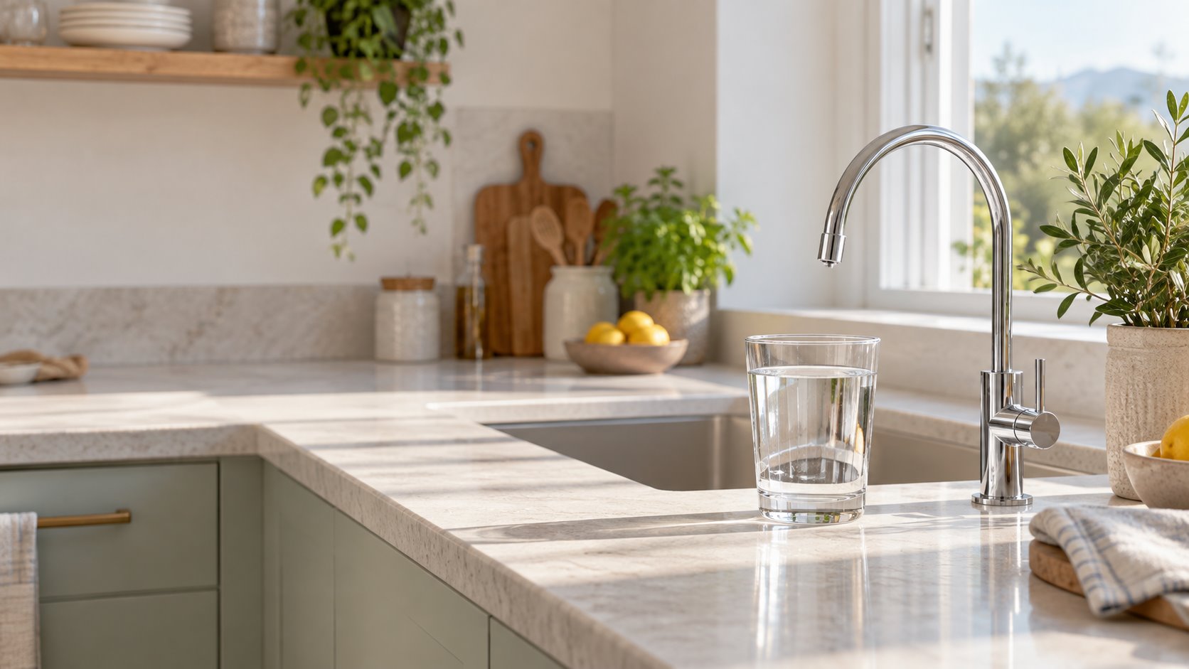 Vaso de agua en una cocina